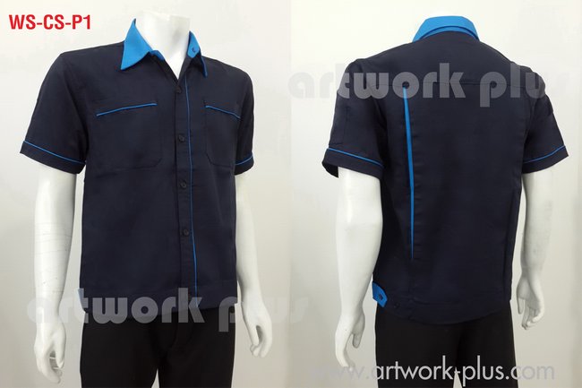 เสื้อช็อปสำเร็จรูป, แบบเสื้อพนักงาน, เสื้อพนักงานแขนสั้น, แบบเสื้อช็อป, ,เสื้อช่างโรงงาน, เสื้อพนักงานสีกรมท่าแต่งสีน้ำเงิน,Workwear, Uniform, Work Shirt,WS-CS-P1